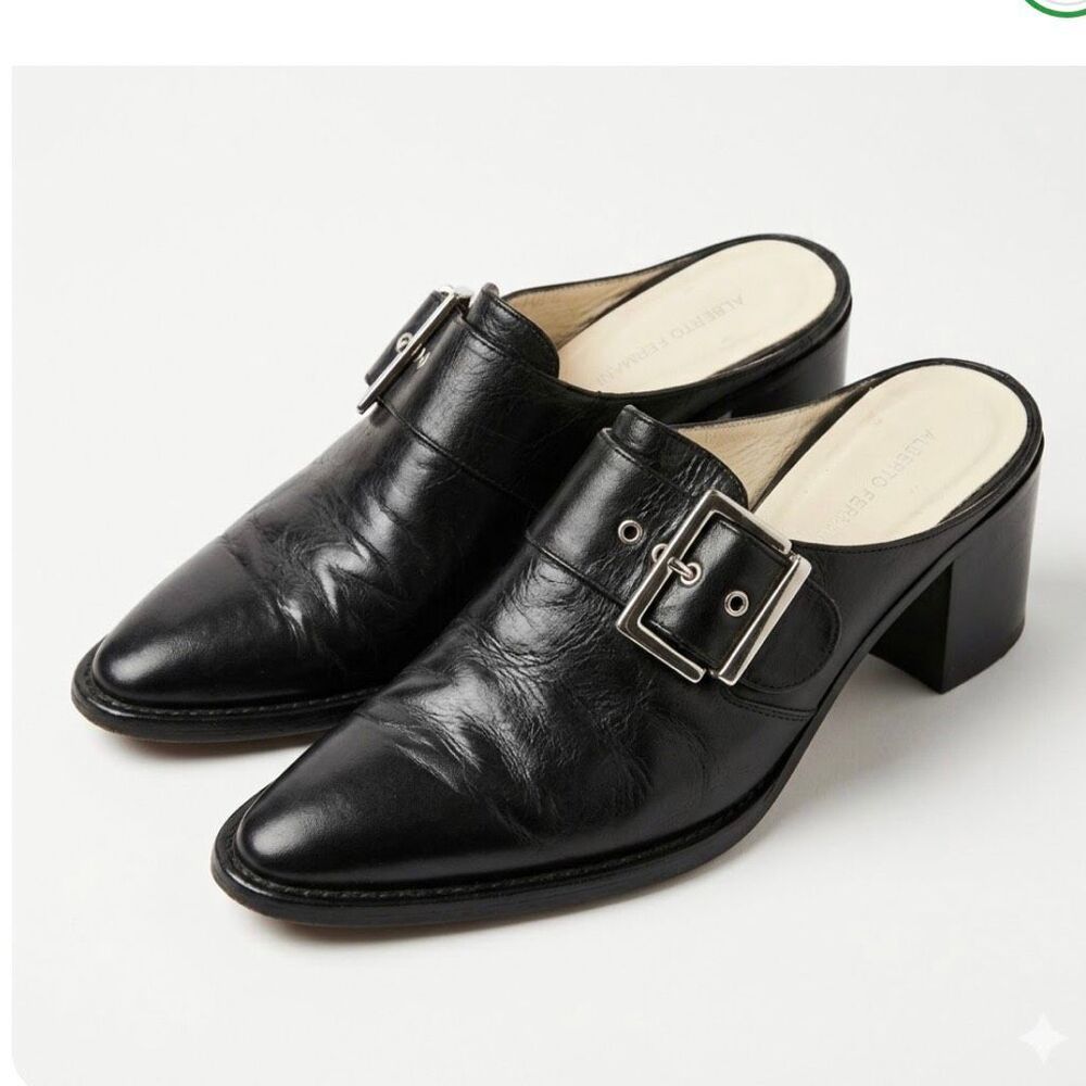 Alberto Fermani Italian Black Leather Buckle Mule Slides Size 38.5 (US 8.5) poin